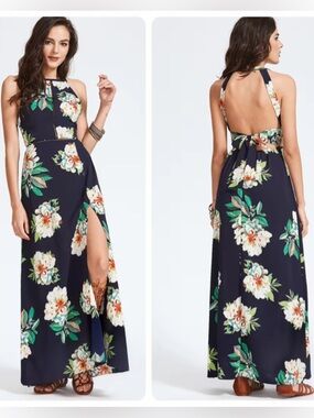 NLW High Neck Open Back Floral Slit Maxi Dress